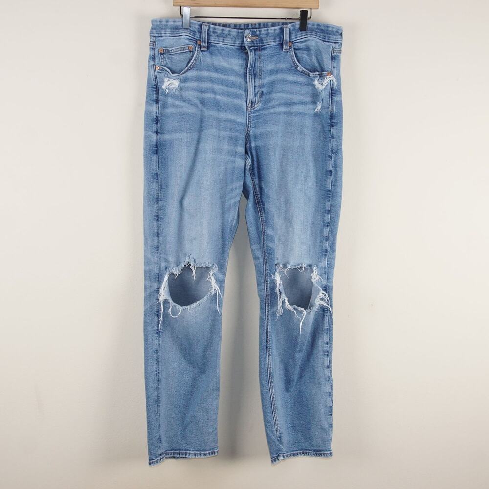 American Eagle Stretch Ripped Curvy Straight Light Wash Blue Jeans Sz 18 Long